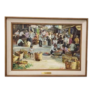 Gerald Merfeld "Street Market, Vietnam" Original Oil Painting C.1980s