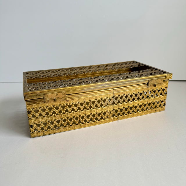 Mid 20th Century Vintage Brass Tissue Box Holder Pierced Filigree Gold Tone Kleenex Box Cover For Sale - Image 5 of 11