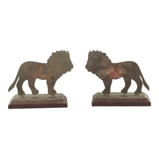 Vintage Brass Lion and Wood Bookends- Set of 2 For Sale