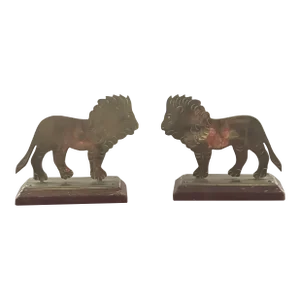 Vintage Brass Lion and Wood Bookends- Set of 2