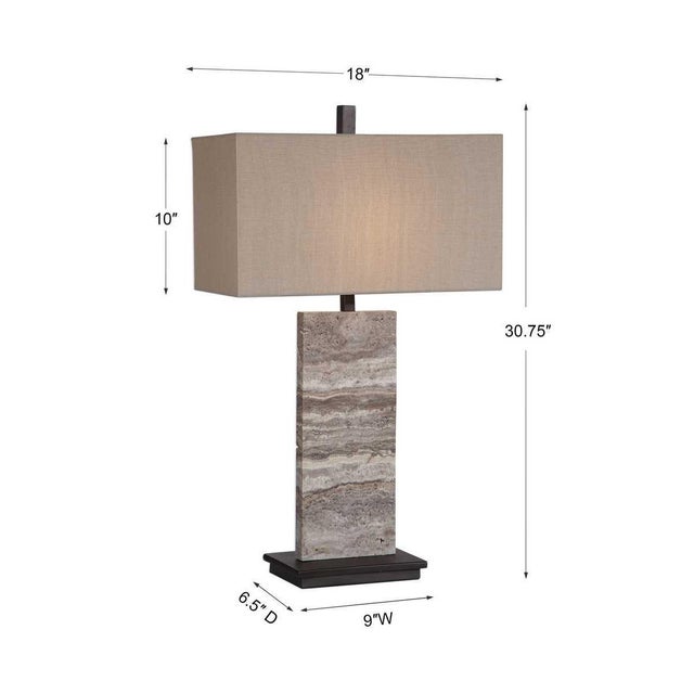 Simple yet sophisticated, this table lamp features a large marble Travertine slab with natural striations of grays, beige...