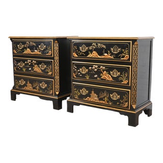 Baker Furniture Chinoiserie Black Lacquer and Gold Gilt Bedside Chests, Pair For Sale