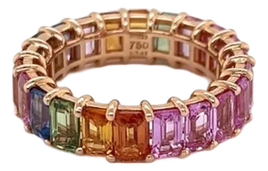 Mid 20th Century 18k Rose Gold Full Circle Emerald Cut Multi-Color Sapphire Band Ring - Size 6.5