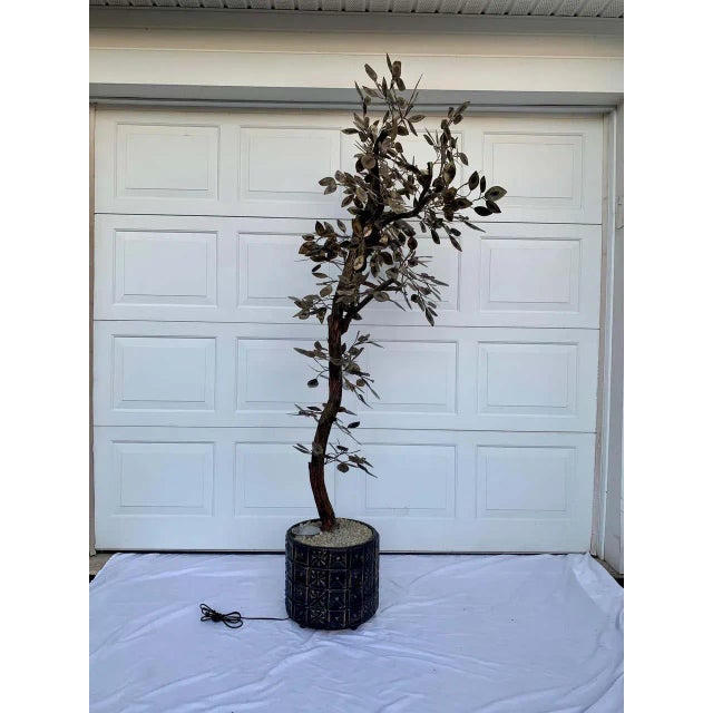 Metal Brutalist Hammered Metal Tree Sculpture With Uplight, Curtis Jere, 1960's For Sale - Image 7 of 13