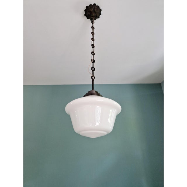 Large Art Deco Pendant Light in White Opaline Glass, 1930s For Sale - Image 9 of 13