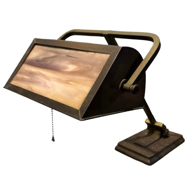 Antique Arts & Crafts Brass & Slag Glass Bankers Desk Table Lamp For Sale