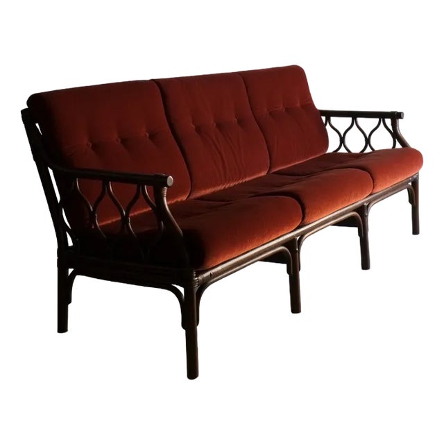 Dark Rattan 3-Seater Sofa with Velour Cushions, 1980s For Sale