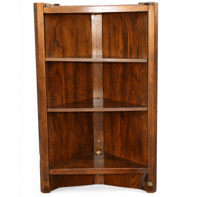 1970s Campaign Vintage Henredon Lighted Oak Corner Display Cabinet With Glass Door For Sale - Image 4 of 12
