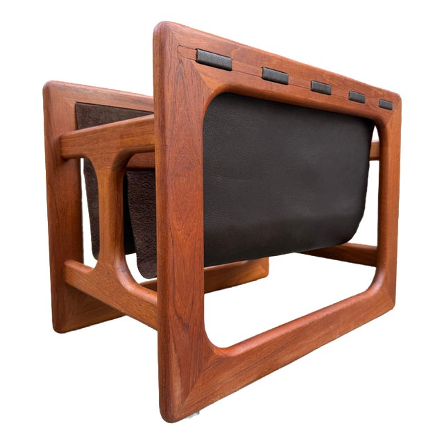 Teak and Genuine Leather Newspaper Rack with Two Compartments by Aksel Kjersgaard for Salin Møbler For Sale