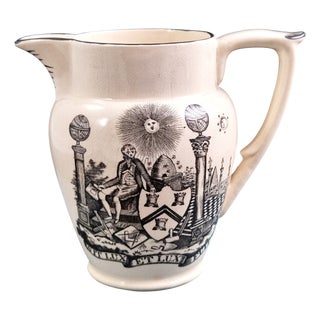 English George III Masonic Black Transfer Creamware Jug, 1810s For Sale