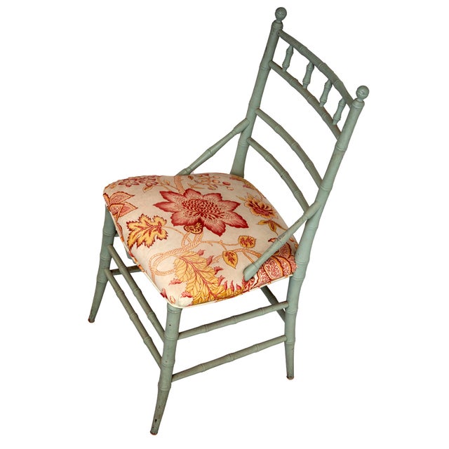 American Vintage Pale Blue Bamboo Chair W/ Floral Seat For Sale - Image 3 of 4