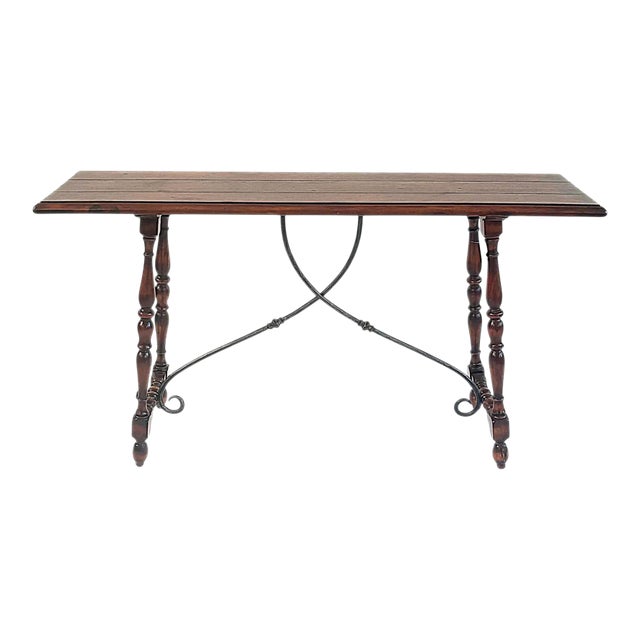 Spanish 60" Console Table With Scrolling Iron Stretcher and Vasiform Legs - Early 20th Century For Sale