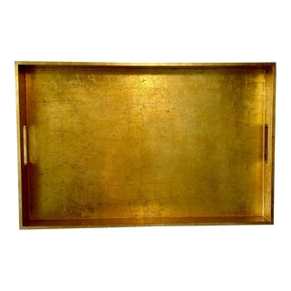 West Elm Hollywood Regency Gold Leaf Lacquer Style Rectangular Tray With Handles For Sale