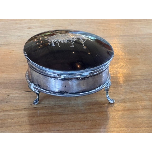 Round Metal Box With Inlaid Steamship Lid on Three Feet For Sale - Image 6 of 7