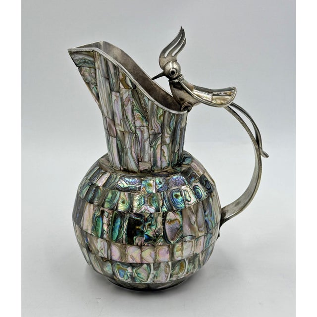 1960s Mexican Alpaca Silver & Abalone Bird of Paradise Pitcher Set - 7 pcs For Sale - Image 12 of 18