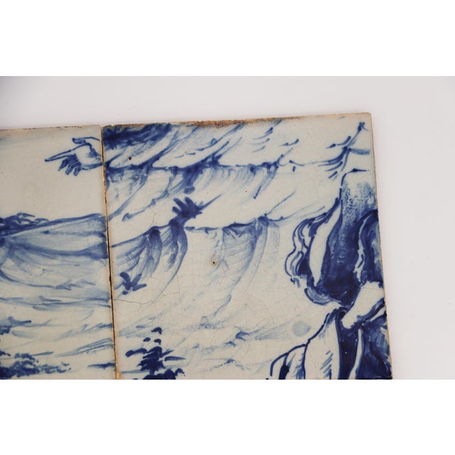 19th Century 19th Century Set of Four Tiles Blue & White Depicting a Hand, Landscapes and a Hand Holding a Fan For Sale - Image 5 of 13