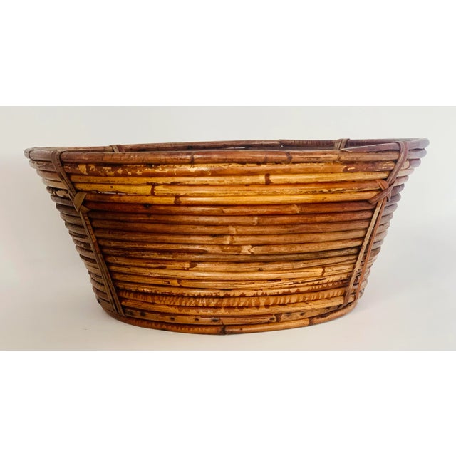 Brown Italian ‘Gabriella Crespi Style’ Mid-Century Pencil Reed Rattan Coiled Bowl, Basket For Sale - Image 8 of 12