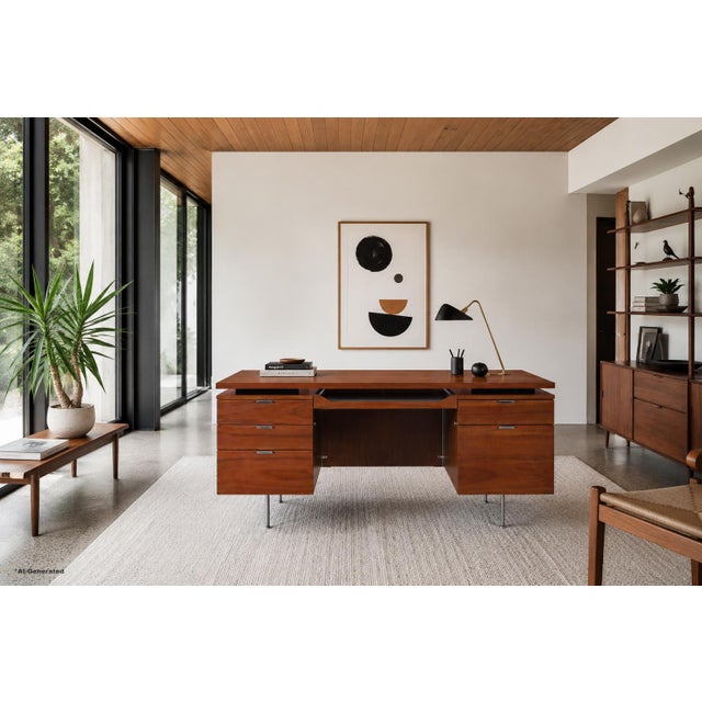 Mid-century modern walnut executive desk inspired by the iconic designs of Florence Knoll and manufactured in the United...