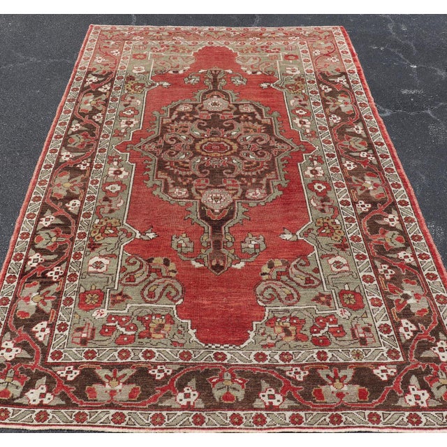 Red Antique Turkish Oushak Rug With Medallion in Soft Red, Light Green & Brown For Sale - Image 8 of 16
