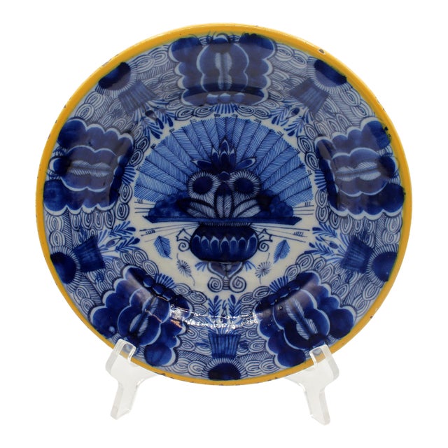 Circa 1780 Dutch Delft Peacock Feather Spray Plate in Urn Blue & White For Sale