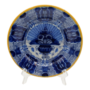 Circa 1780 Dutch Delft Peacock Feather Spray Plate in Urn Blue & White