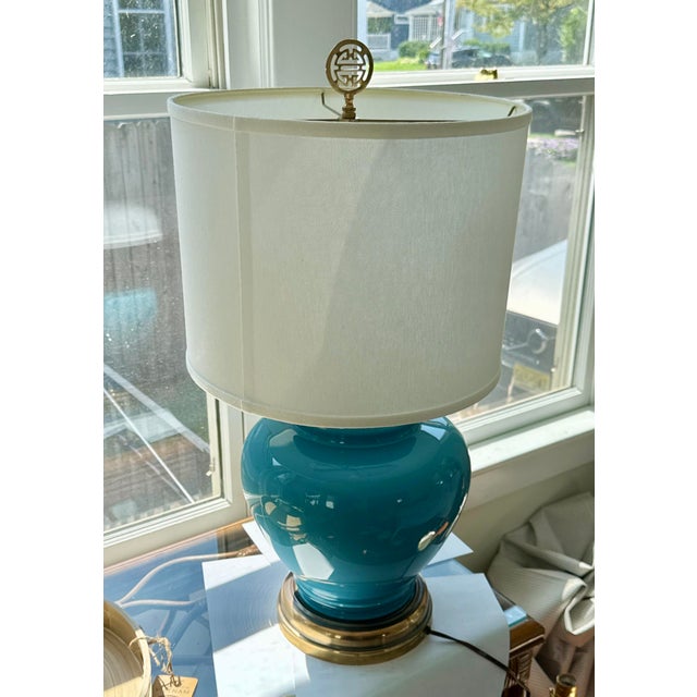 Mid-Century Modern Vintage Blue Glass Ginger Jar Lamp For Sale - Image 3 of 8