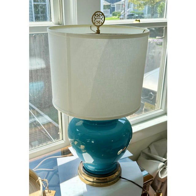 Mid-Century Modern Vintage Blue Glass Hollywood Regency Glass Jar Lamp For Sale - Image 3 of 8
