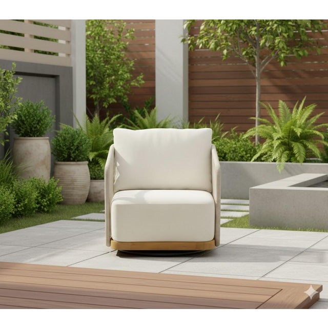 Alpine Teak Wood Modern Swivel Outdoor Arm Chair – Beige For Sale - Image 9 of 17