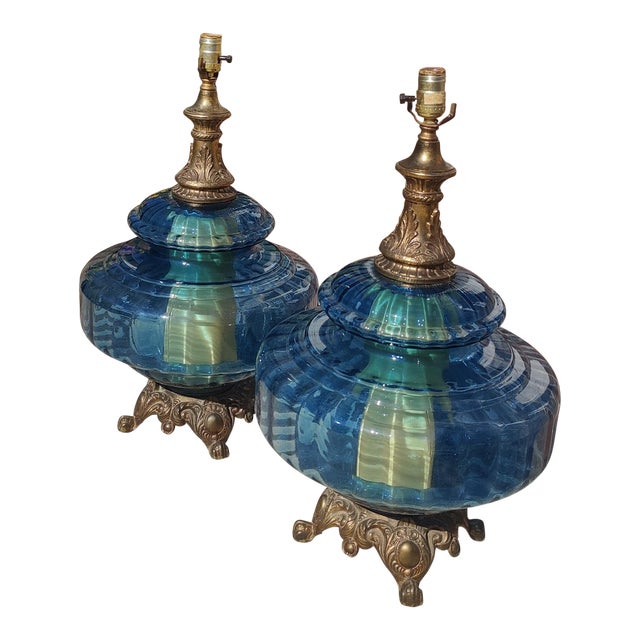 1970s Blue Carl Falkenstein Mid-Century Modern Table Lamps - a Pair For Sale