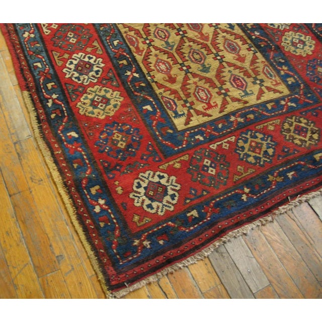 Early 20th Century 1900s Yellow Canary Geometric Hand Knotted Antique Caucasian Karabagh Rug 4'2" X 11' Wool Carpet For Sale - Image 5 of 5