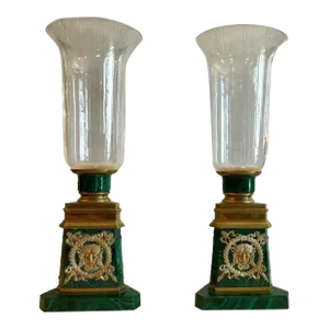 Pair of 1960s Russian Malachite Hurricane Lamps