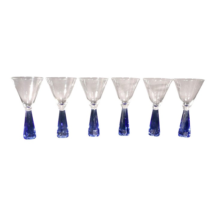 Vintage Post-modern Translucent Blue Base Martini Glasses