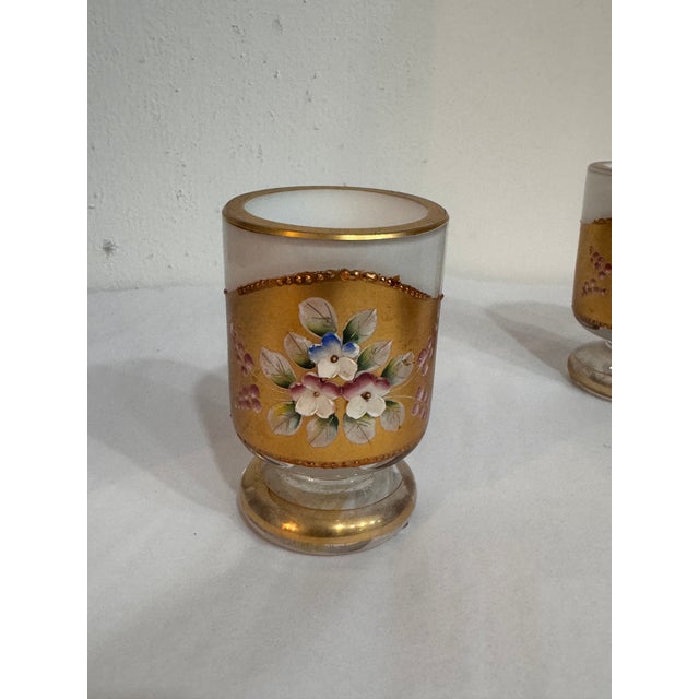 Hollywood Regency Mid-Century Bohemia Czechoslovakia Jeweled Gilt & Applied Floral Glass Set, 3 Pieces For Sale - Image 3 of 5