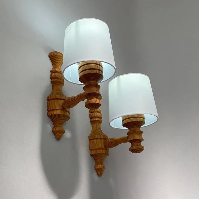 Wood Pine and Fabric Wall Lights, Sweden, 1960s, Set of 2 For Sale - Image 7 of 12
