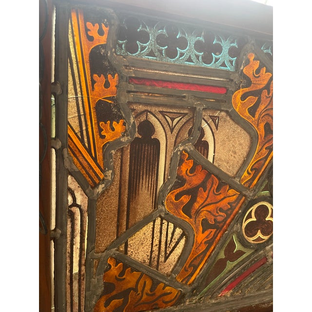 Framed Stained/Painted Glass Window Piece 26”x16” Vintage, Handmade, Secure Frame With Hanging Chains For Sale - Image 12 of 12