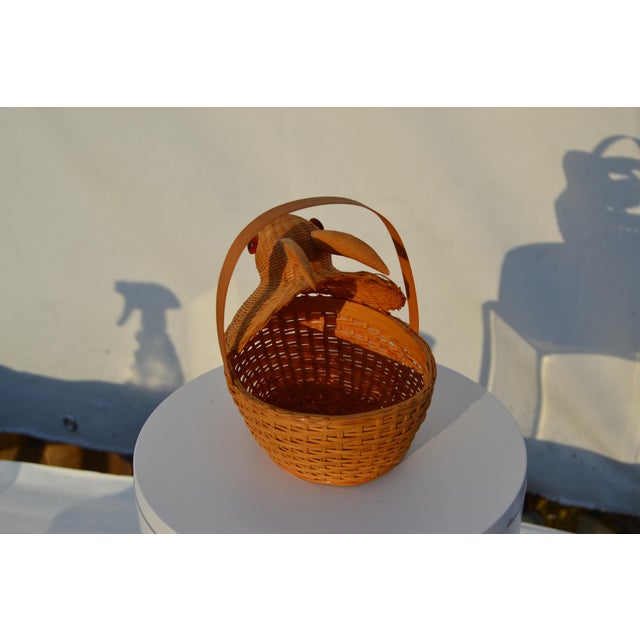 Petite bunny rabbit shaped wicker basket with beady red eyes. It’s rather small. I imagine it would be good to hold pens...