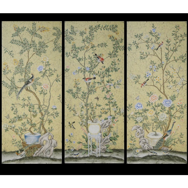 Triptych Unframed Hand-Mounted Chinoiserie India Tea Wallpaper Panels, 3 Pieces For Sale - Image 13 of 13