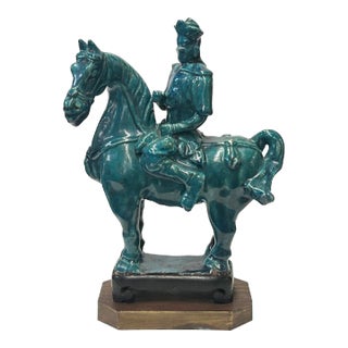 Vintage Distressed Dark Green Glaze Ceramic Soldier Riding Horse Figure For Sale