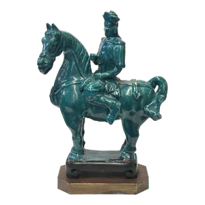 Vintage Distressed Dark Green Glaze Ceramic Soldier Riding Horse Figure