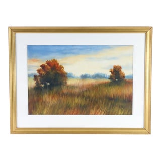 Original Watercolor on Board – Serene Field & Meadow With Trees, Signed, Framed For Sale