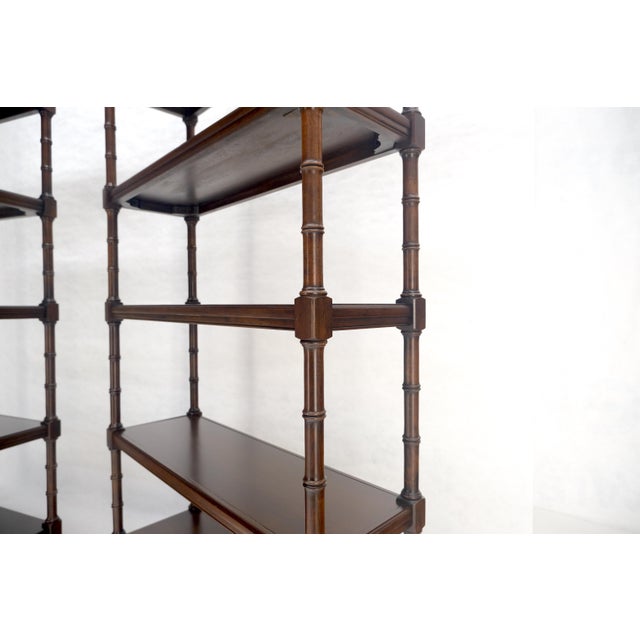 Pair of 6 Tier Faux Bamboo Bottom Drawer Cherry Bookcases Round Ball Finials For Sale - Image 10 of 14