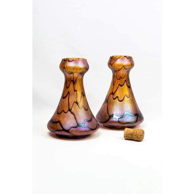 Amber-Orange Vases in Iridescent Molded Glass with Wavy Relief Decor from Pallme-König & Habel, Bohemia, 1900s, Set of 2 For Sale - Image 4 of 11