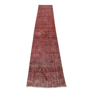 Tabriz Runner 2’5” X 12’3” Pink Wool Vintage Overdyed Hand-Knotted Rug For Sale