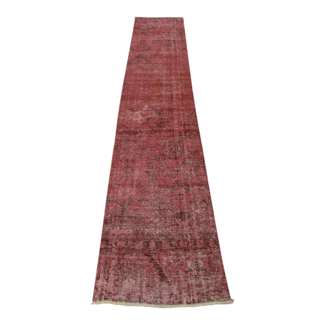 Tabriz Runner 2’5” X 12’3” Pink Wool Vintage Overdyed Hand-Knotted Rug For Sale
