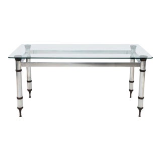 1960s French Maison Jansen Attributed Steel and Bronze Table With Glass Top For Sale