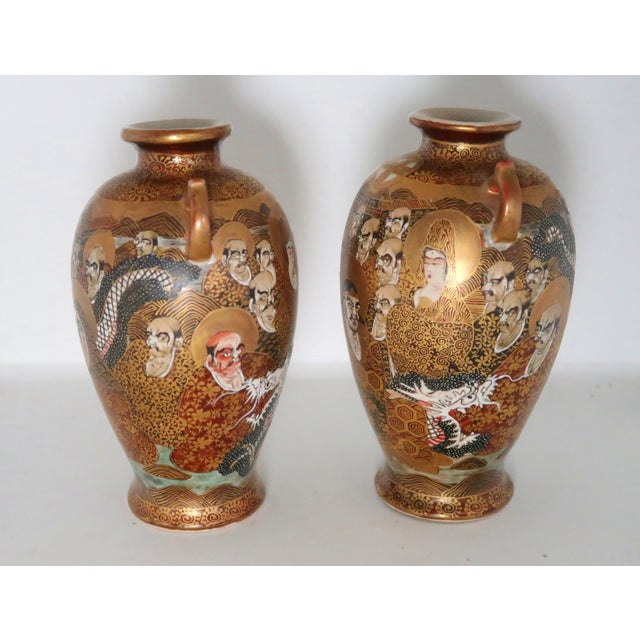 Early 20th Century Antique Japanese Signed Satsuma Porcelain Vases, Matched Pair With Double Handles, Faces and Dragon on Each For Sale - Image 5 of 10
