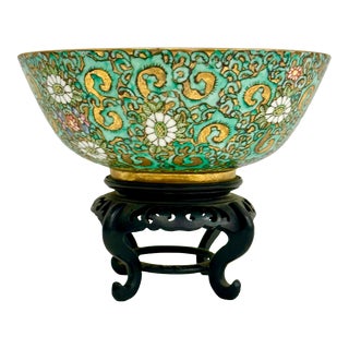 Japanese Porcelain Ware Pewter Bowl With Wooden Stand For Sale