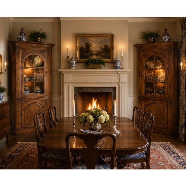 A handsome and substantial matching pair of traditional walnut corner cupboards, each featuring a deeply molded cornice...