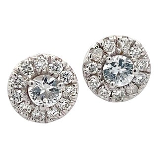Natural White Sapphire Diamond Stud Earrings 14k W Gold 1.26 TCW Certified For Sale