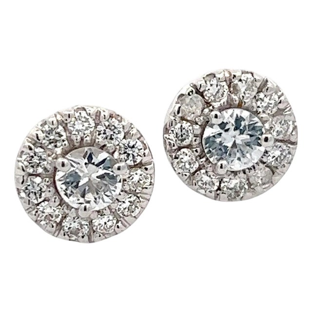 Natural White Sapphire Diamond Stud Earrings 14k W Gold 1.26 TCW Certified For Sale